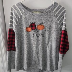 Womens Gray 'It's Fall Y'all' Pumpkin Pullover with Red Buffalo Plaid